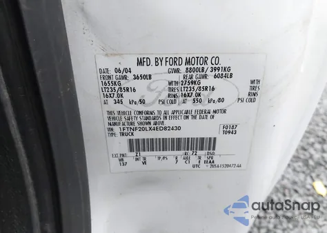 2004 Ford F-250 Xl/Xlt z USA, uszkodzony, nr VIN 1FTNF20LX4ED82430